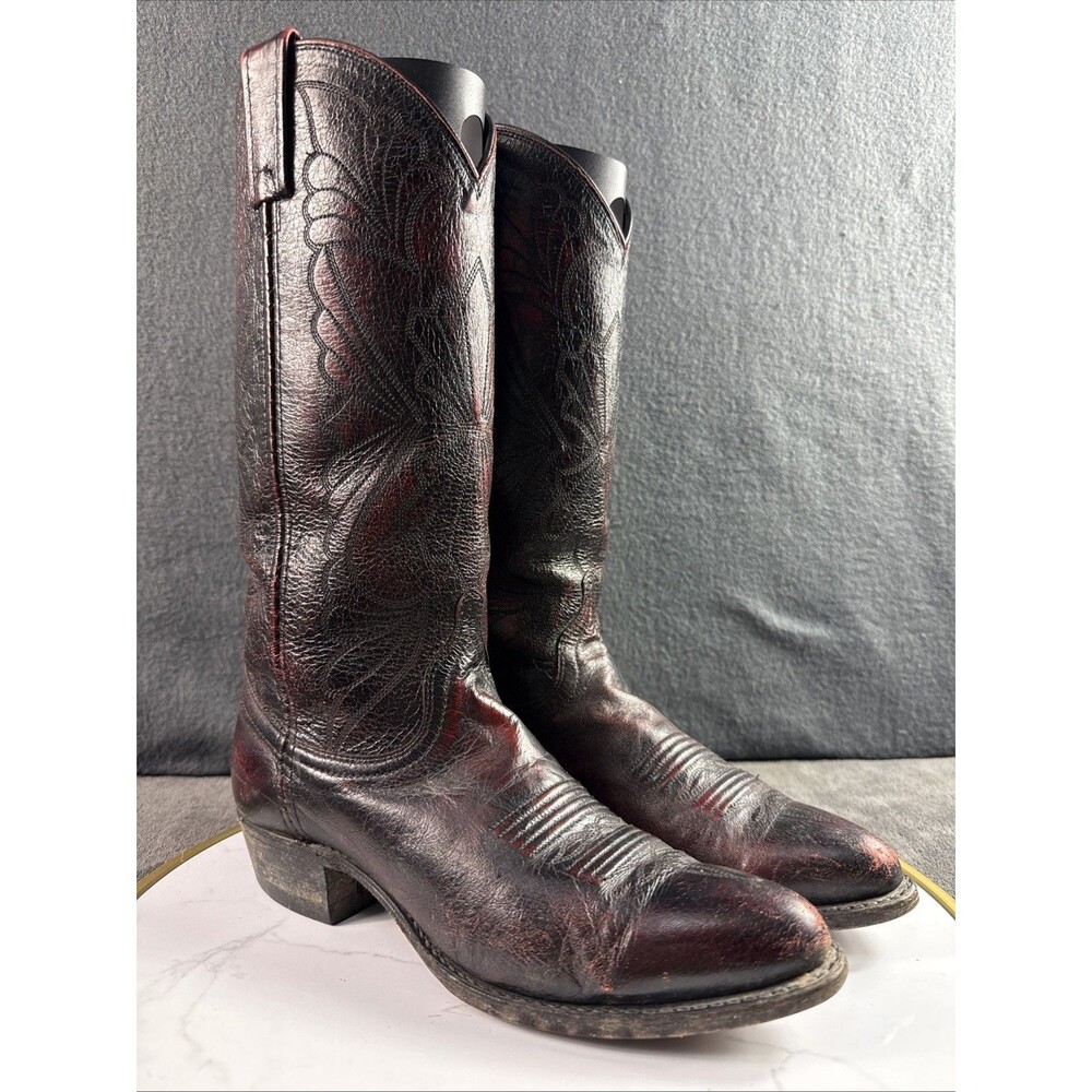 Vintage Dan Post Burgundy Red Black Leather Cowboy Boots 7M Women Western Rodeo